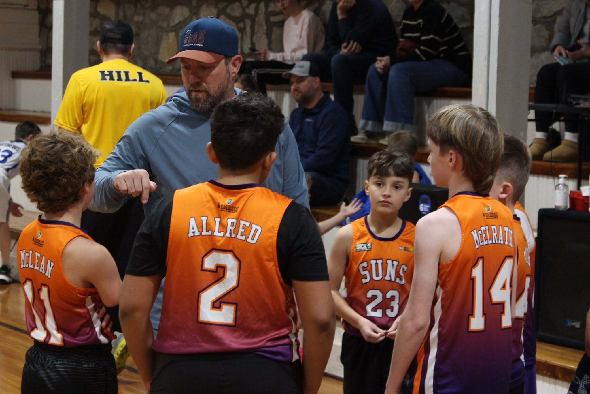 Basketball coach speaking with players