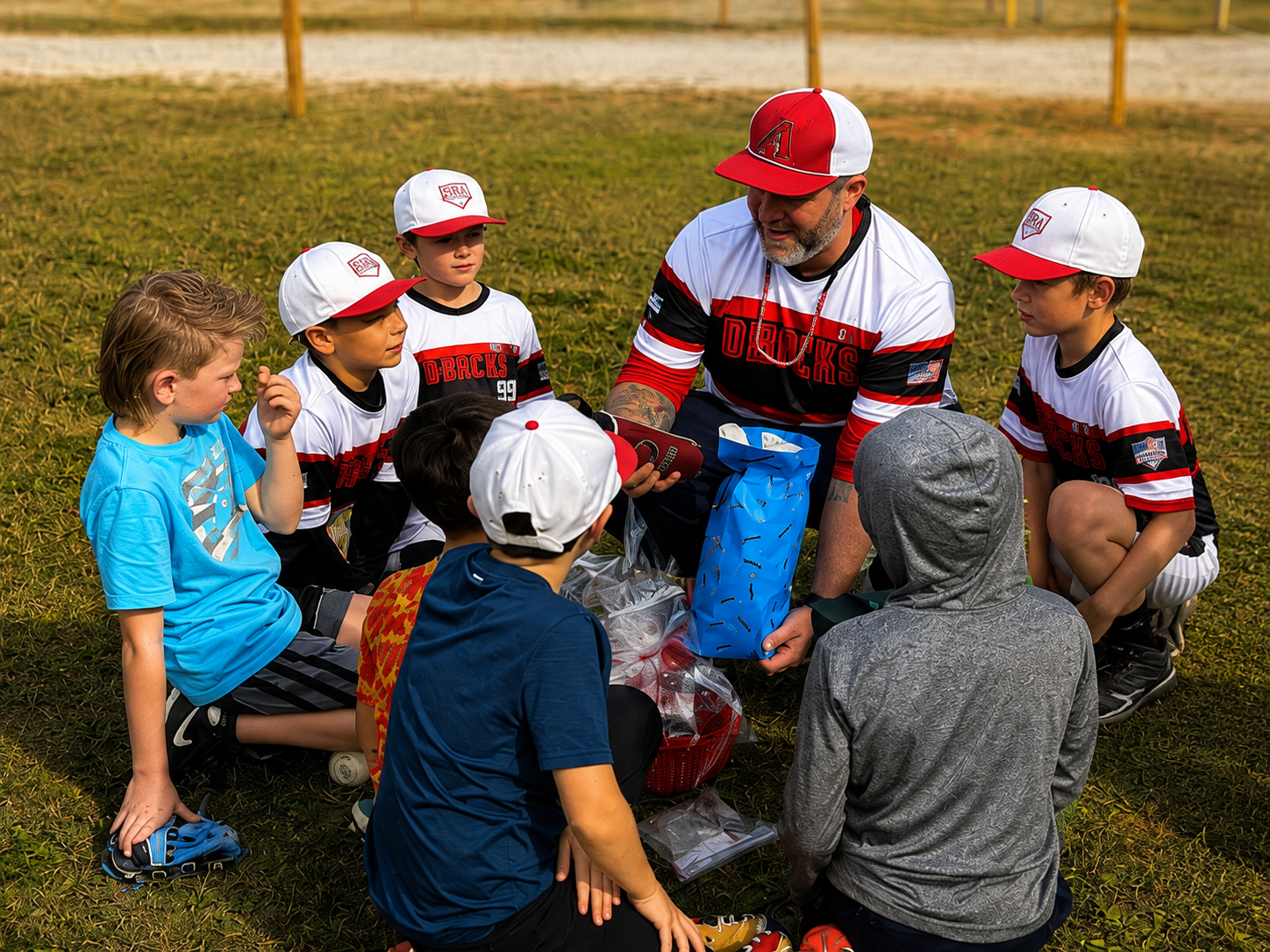 Baseball coach talking with players