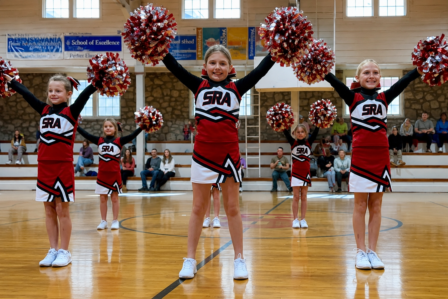 SRA cheerleaders performing in a gym